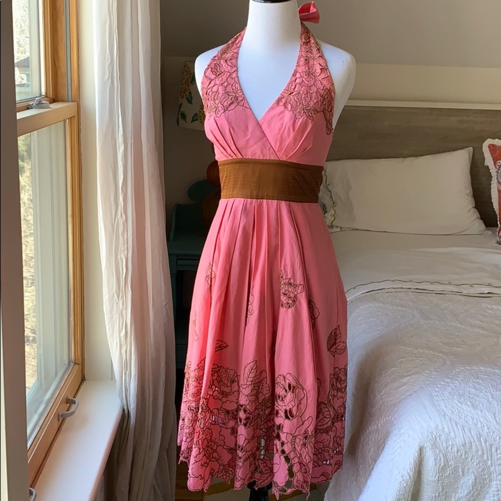 BCBG MAXAZRIA Floral Lace Cut Halter Dress
